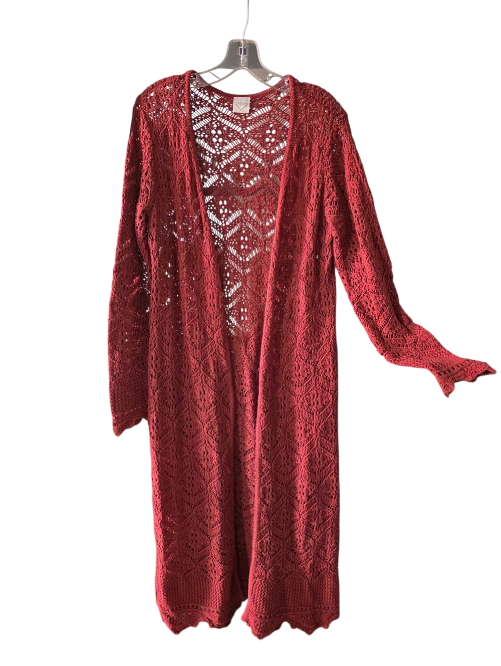 Freshman Women's Long Open Crochet Duster Cardigan Rusty Red Size Medium